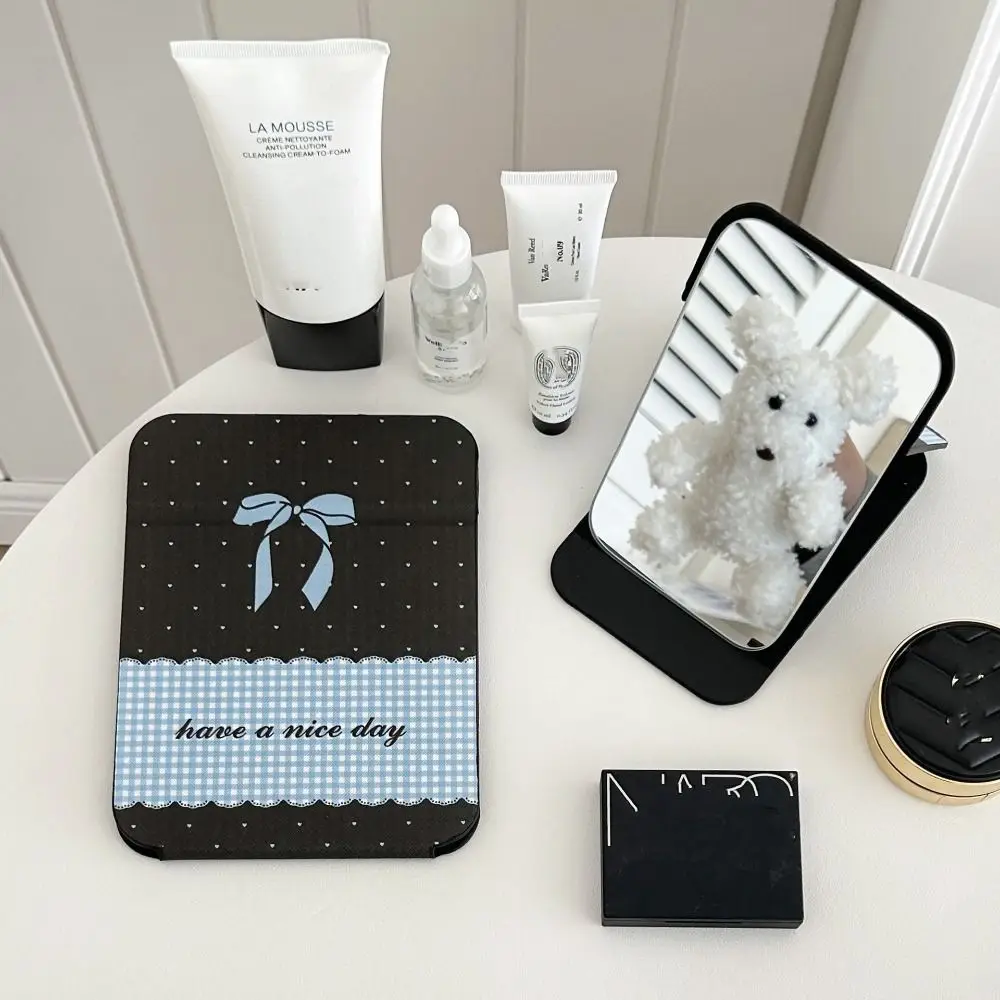 Настольная подставка из искусственной кожи зеркало с розовым бантом складное