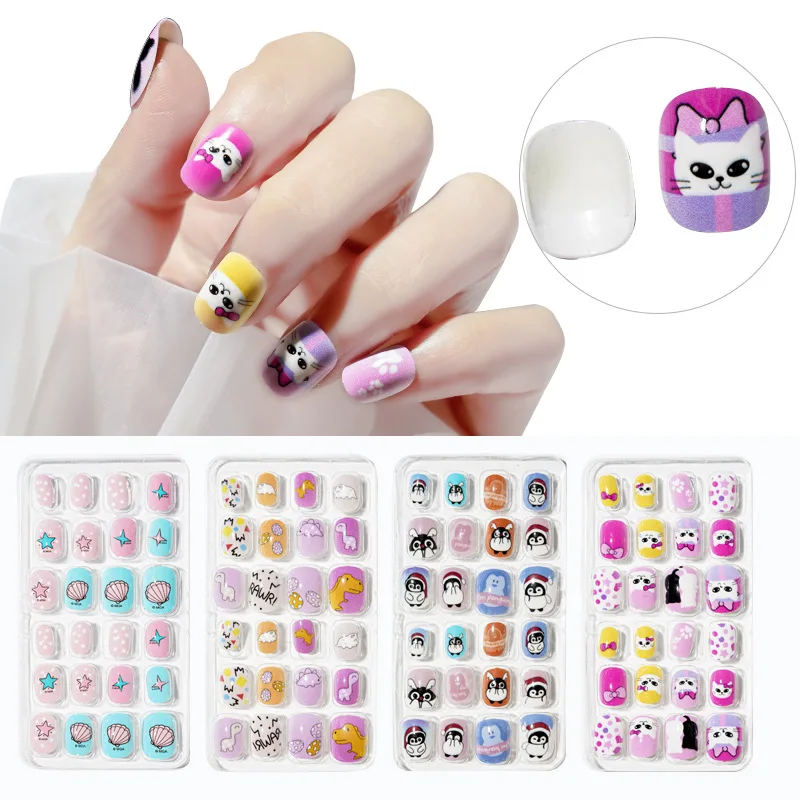

24PCS Candy False Nail Tips Press On Children Cartoon Full Cover Kid Glue Self Fake Nail Art for Girls Manicure Tips Nail Decor