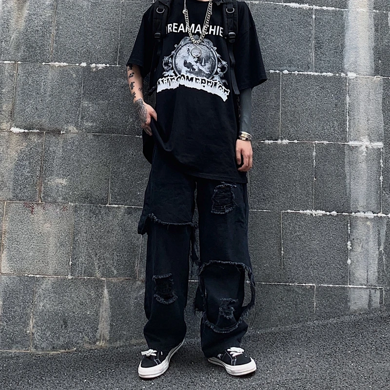 Irregular Ripped Hole Denim Pant Woman Man Straight Techwear Black Baggy Patchwork Jeans Punk Kpop Harajuku Streetwear Hip Hop