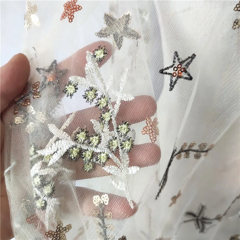 Mesh Sequin Floral Star Embroidered Lace Fabric for Dress Skirt Clothing By the Yard |
