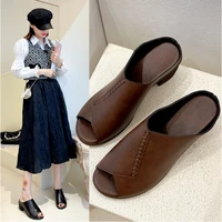 thick heeled soft leather outer slippers fish mouth comfortable versatile mid heeled women sandals womens mothers shoes women