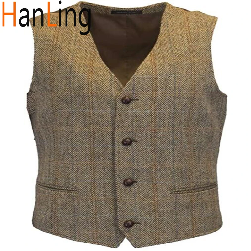 

Мужской костюм, жилет из твида в стиле ретро, повседневный жилет с V-образным вырезом и 4 пуговицами, мужской жилет в стиле стимпанк