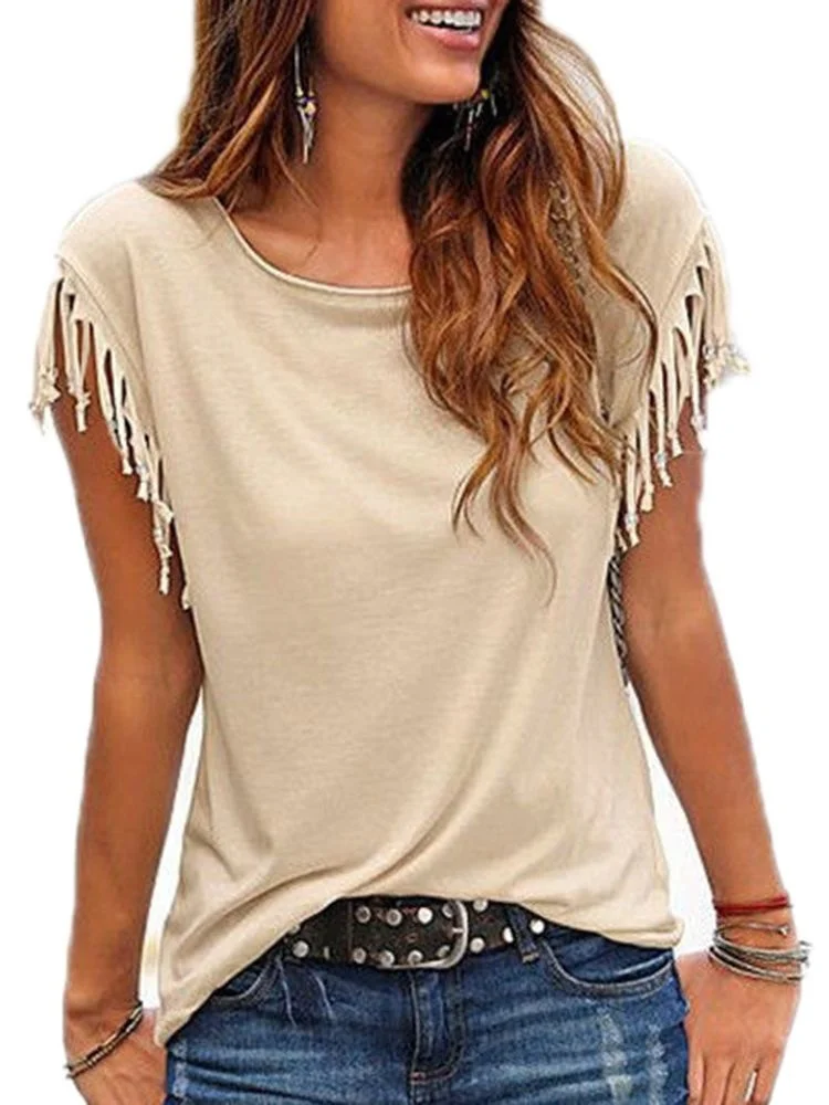 

Футболка женская базовая с коротким рукавом, модный простой топ с бахромой и круглым вырезом, однотонная уличная одежда для отдыха, лето 2022