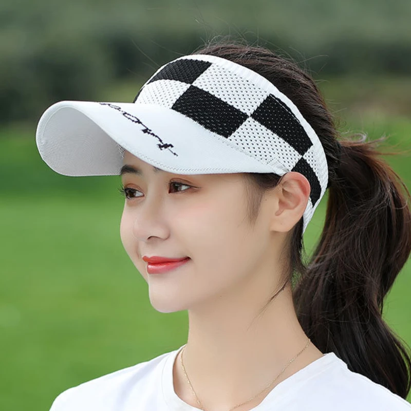 

Plaid Print Women Empty Hat Summer Big Brim Knitted Sun Hat Outdoor Sport Tennis Cap UV Protection Elastic Fabric Baseball Cap