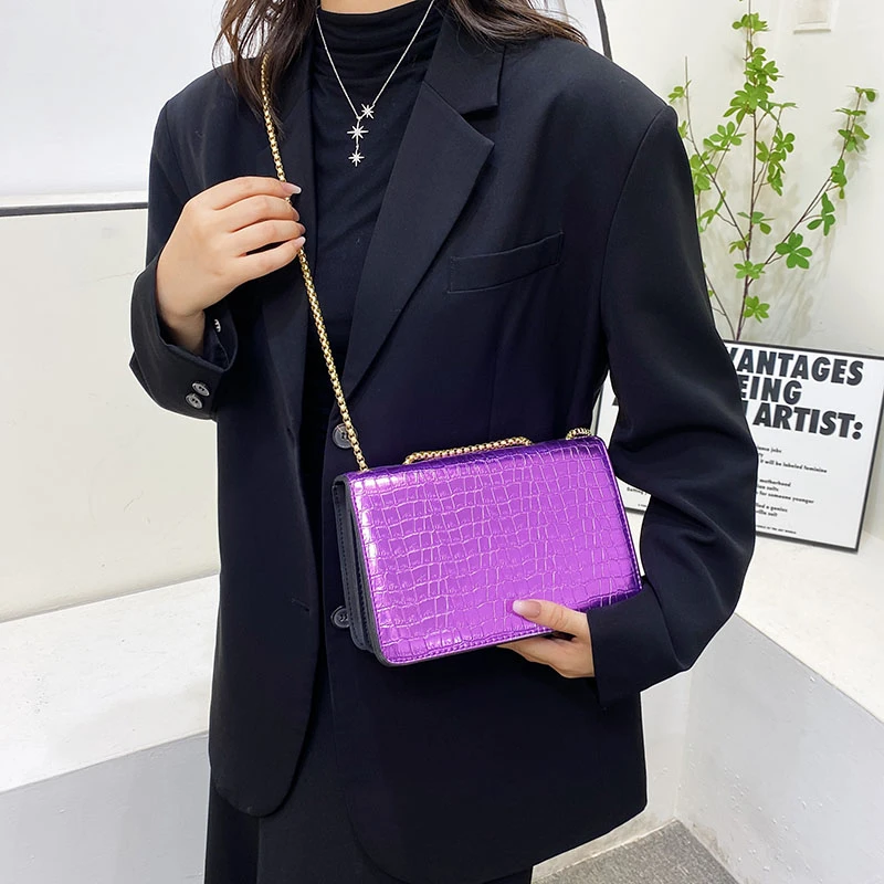 Fashion Exquisite Ladies Shoulder Bags 2023 New Wild Chain Messenger Bag PU Solid Color Crocodile Pattern Small Square Bag