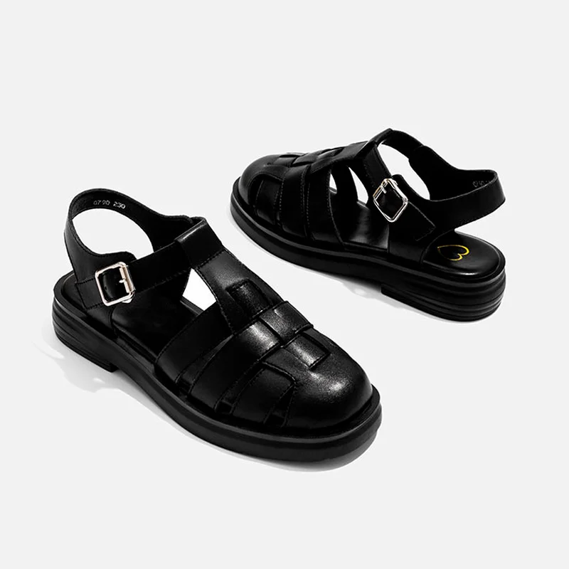 

Брендовые женские туфли из мягкой кожи на толстой подошве, новые универсальные повседневные сандалии с вырезами на толстом каблуке, римски...