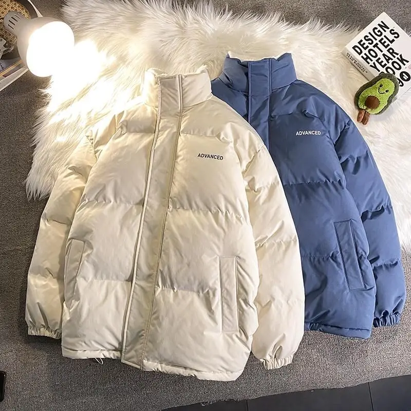 Winter Thick Fleece Filled Loose Parka Jacket Women Stand Neck Zipper Fashion Casual Warm Coat White Black Blue