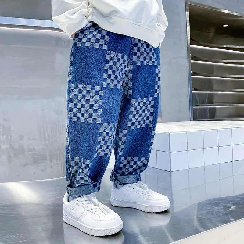 

2022 America Boys Jeans Grid Pattern Harem Jeans For Kids 4-14T Children's Checkered Trousers Fashion Pants
