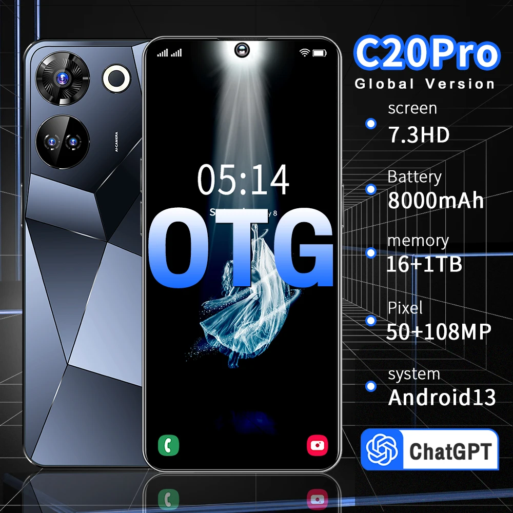 

2023 New C20 Pro Smartphone Global Version Smartphone 16GB+1TB Ten Core 7.3inch HD Screen 8000mah Dual SIM 5G Moilbe Phone