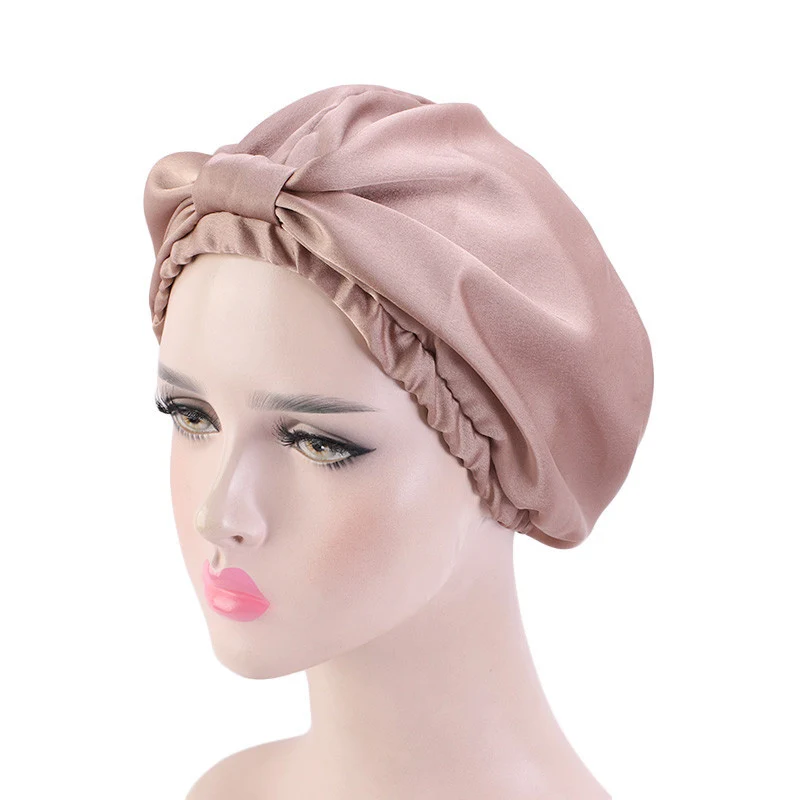 

Women Sleep Hat Soft Pure Silk Night Sleep Cap Hair Bonnet Silk Comfortable Head Cover Wide Elastic Band Hair Loss Cap