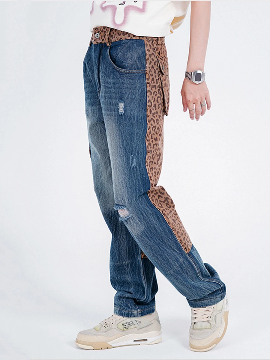 Four Seasons Trend Men Leopard Print Stitching Ripped Jeans Loose Casual Trousers Y2k Men Jeans Fashion Streetwear Ins Hot Sale