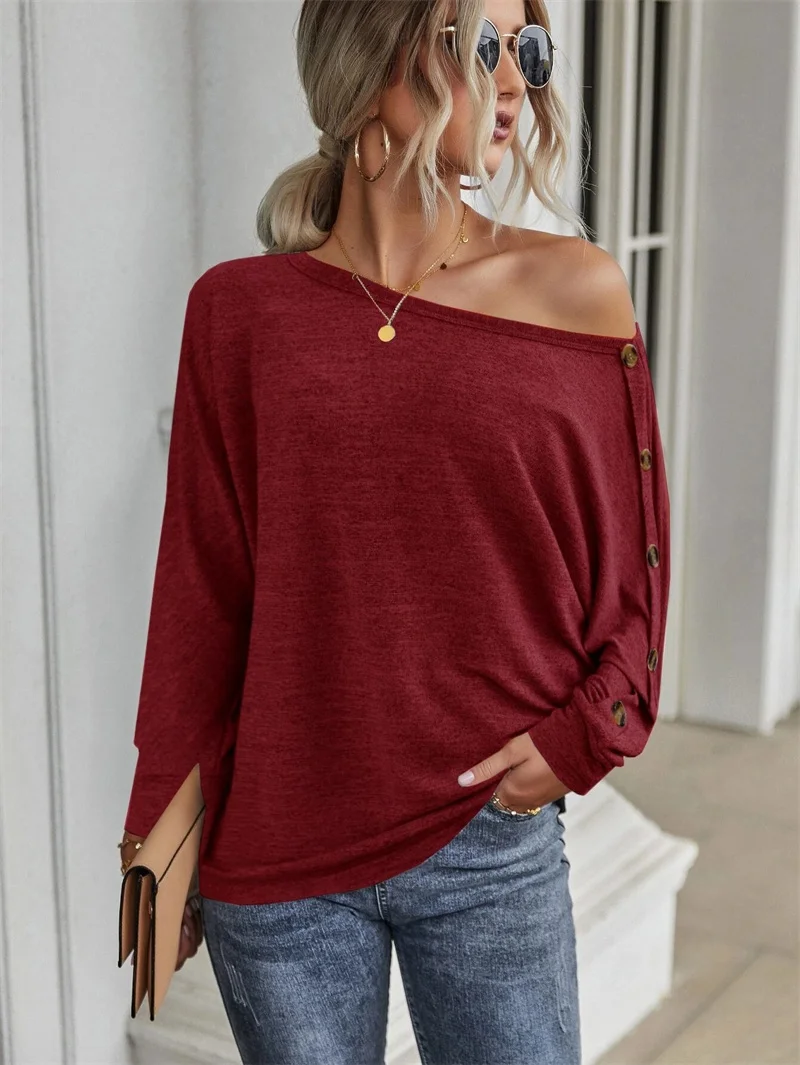 Fashion O Neck Button Bat Long Sleeve Women T-shirt 2022 Spring Autumn Elegant Casual Loose Pullover Solid Tops Commute Clothes