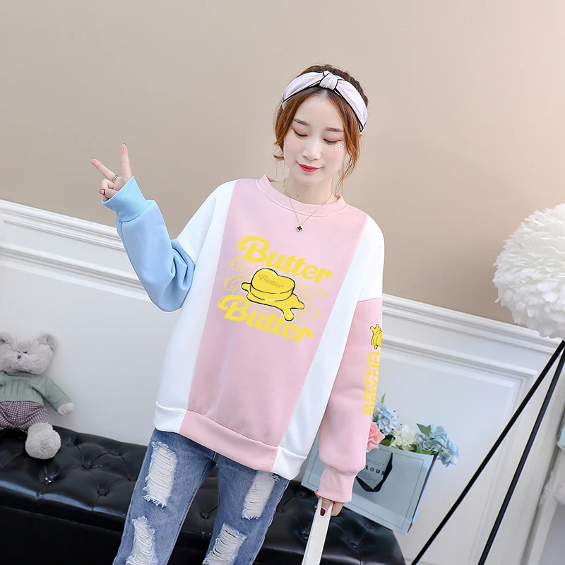 

Bangtan Boys Hoodie Women Kawaii BUTTER Print Fleece Hit Color Spliced Clothing Casual Korean Kpop Fashion Female y2k Sweatshirt