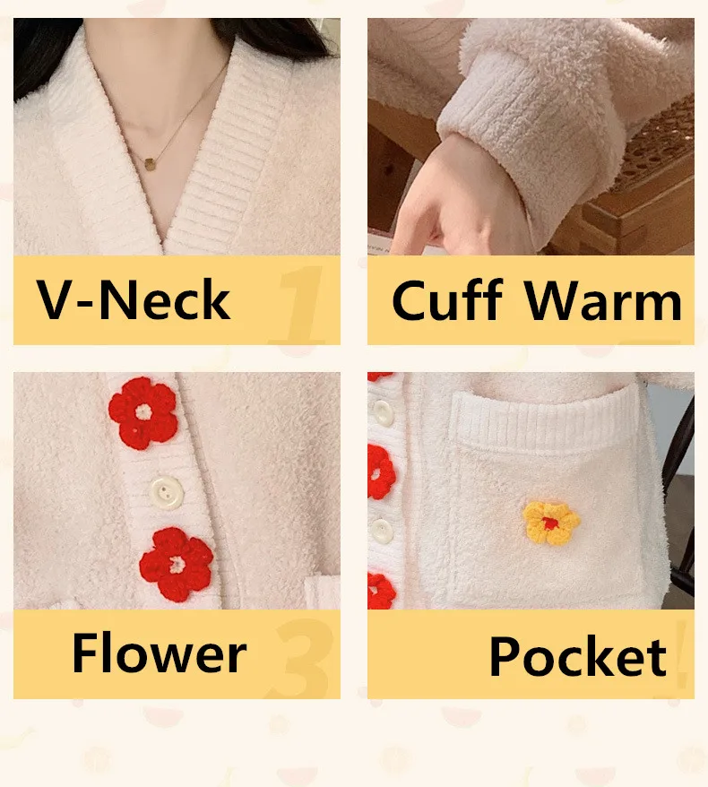 Yasuk Winter Women Girl Casual Warm Soft Sleepwear Pajamas With Pant Velvet Fleecel Cute Thick Pocket Flower Gentle