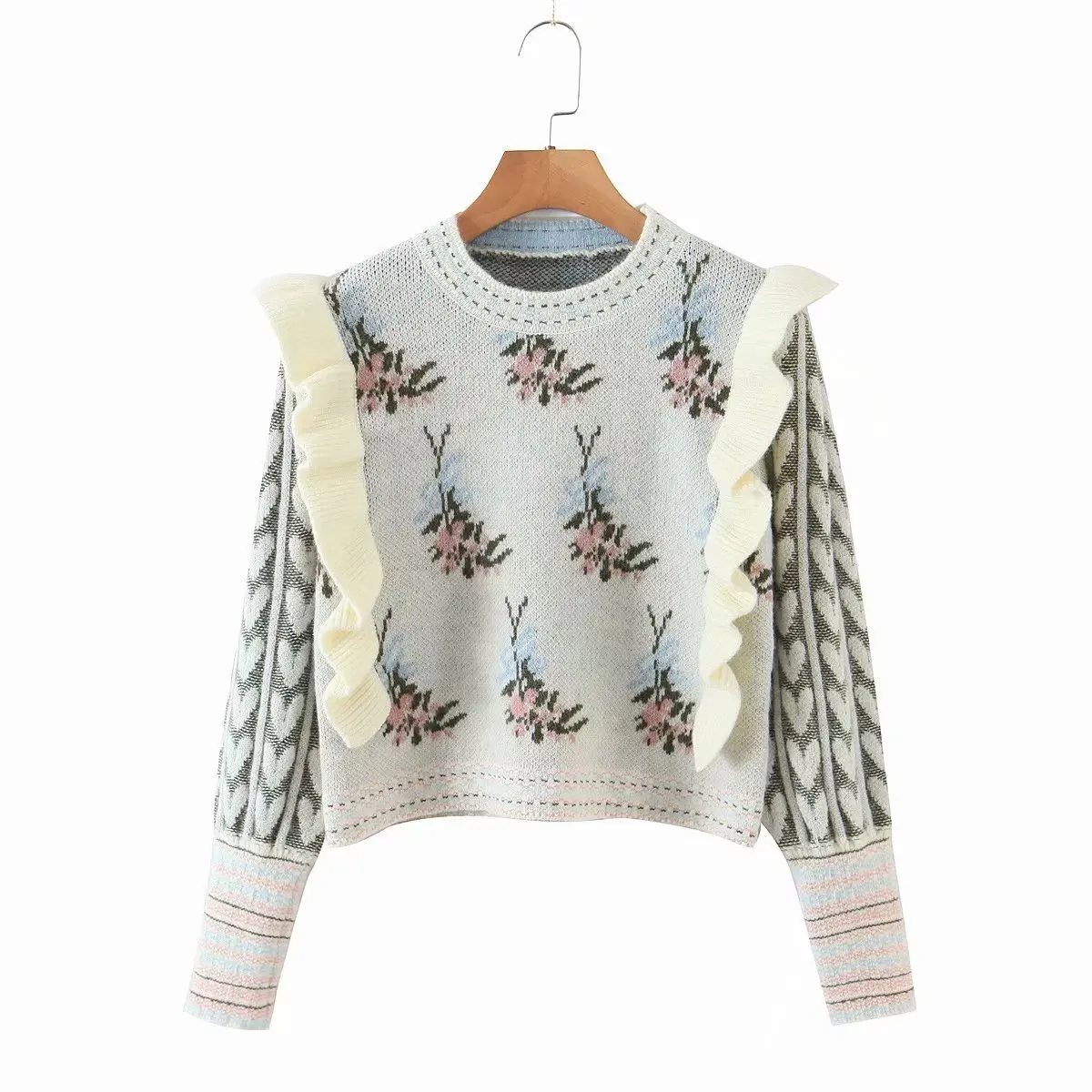

Crew Neck Ruffle Splice Knit Sweater Women's Pullover