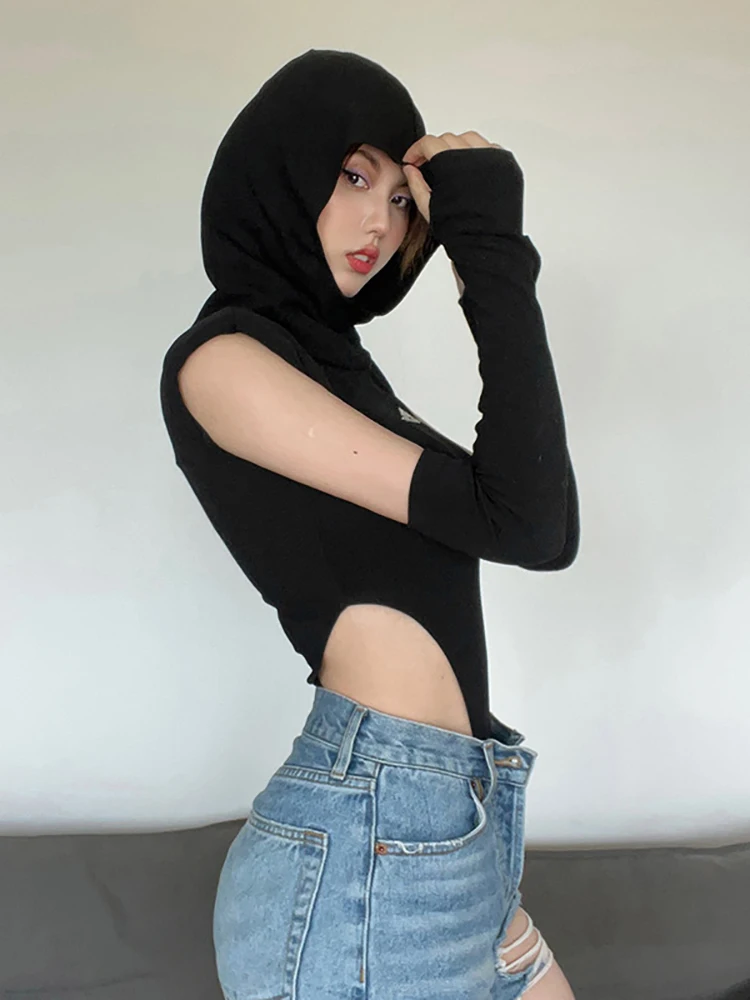 Goth Dark Techwear Y2k панк с капюшоном черные боди кибер Готический полый Bodycon топы