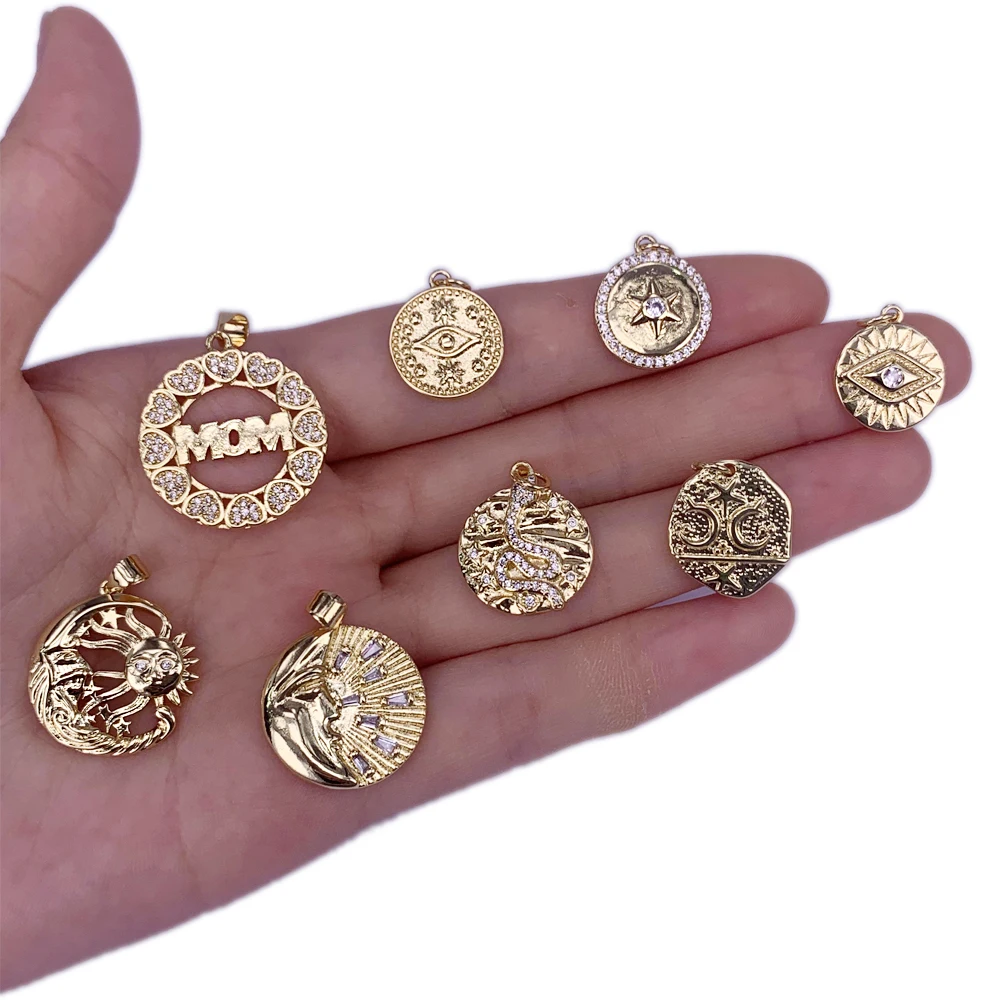 

Vintage Classic Round MOM Name/Evil Eyes/Snake/Moon Sun/Star Gold Plated Pendant Accessories For DIY Made Necklace Bracelet Gift