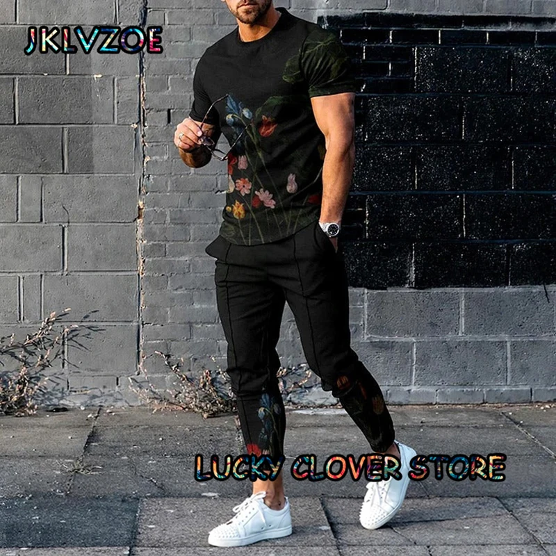 Summer Retro Suit Print Men Round Neck Trousers 2 Pieces Sets Tracksuit T-shirts +long Pants Trend Jogging Sportwear Clothing