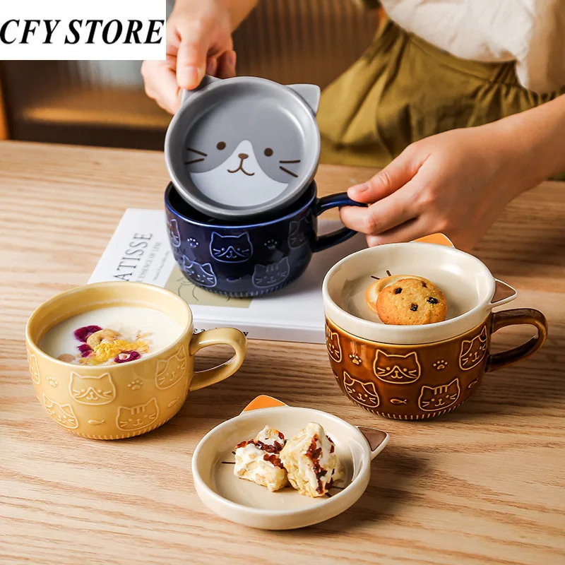 

400ml Creative Ceramic Coffee Mugs with Lid Cute Cat Porcelain Cup Family Breakfast Milk Juice Cup Beverage Utensil Drinkware