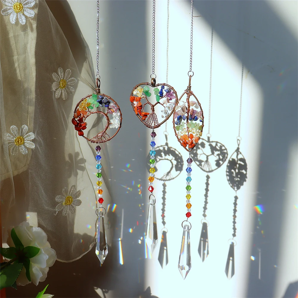 

Tree of Life Crystal Windchimes Sun Catcher Window Crystal Natural Stone Craft Outdoor Garden Hanging Pendant Craft for Home
