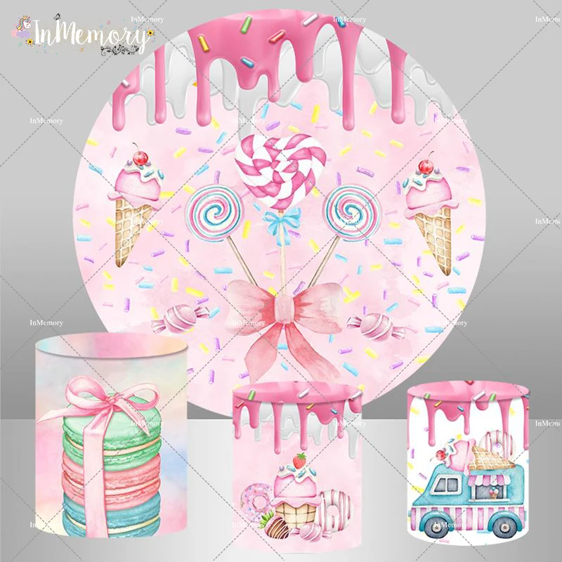 

Candy Donut Photo Background Kids Birthday Party Decoration Ice Cream Party Circle Backdrop Cover Cake Round Plinth Cover