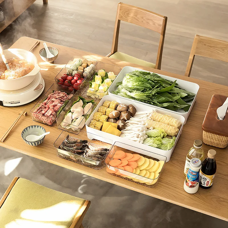 

Multi-functional, for Hot Pot and Side Dishes, Minimalist Style，Stackable PET Kitchen Dish Tray with Drain and Dividers,