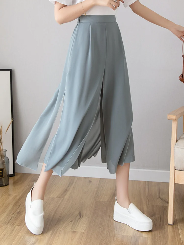 

Summer New Thin Section Breathable Drape Chiffon Fake Two-piece Elastic Waist Wide-leg Pants Women's Nine-point Loose Hakama