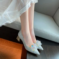 new women fashion crystal flower pumps sexy block 5cm high heels banquet wedding shoes