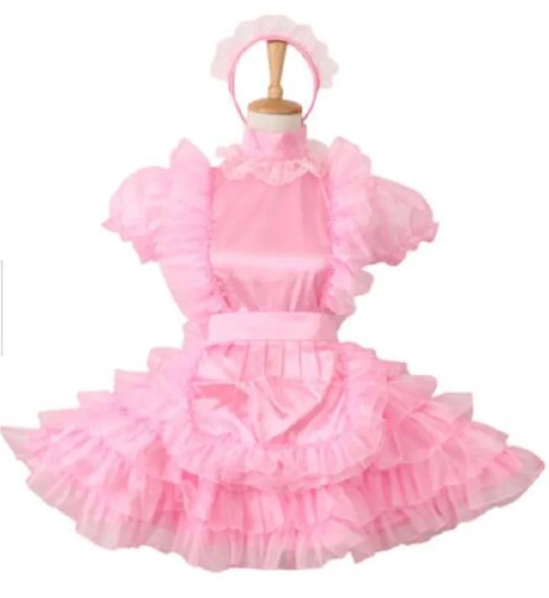 

Фиксируемое розовое атласное платье из органзы, косплей, средний фартук на шею, одежда, горничная, можно настроить