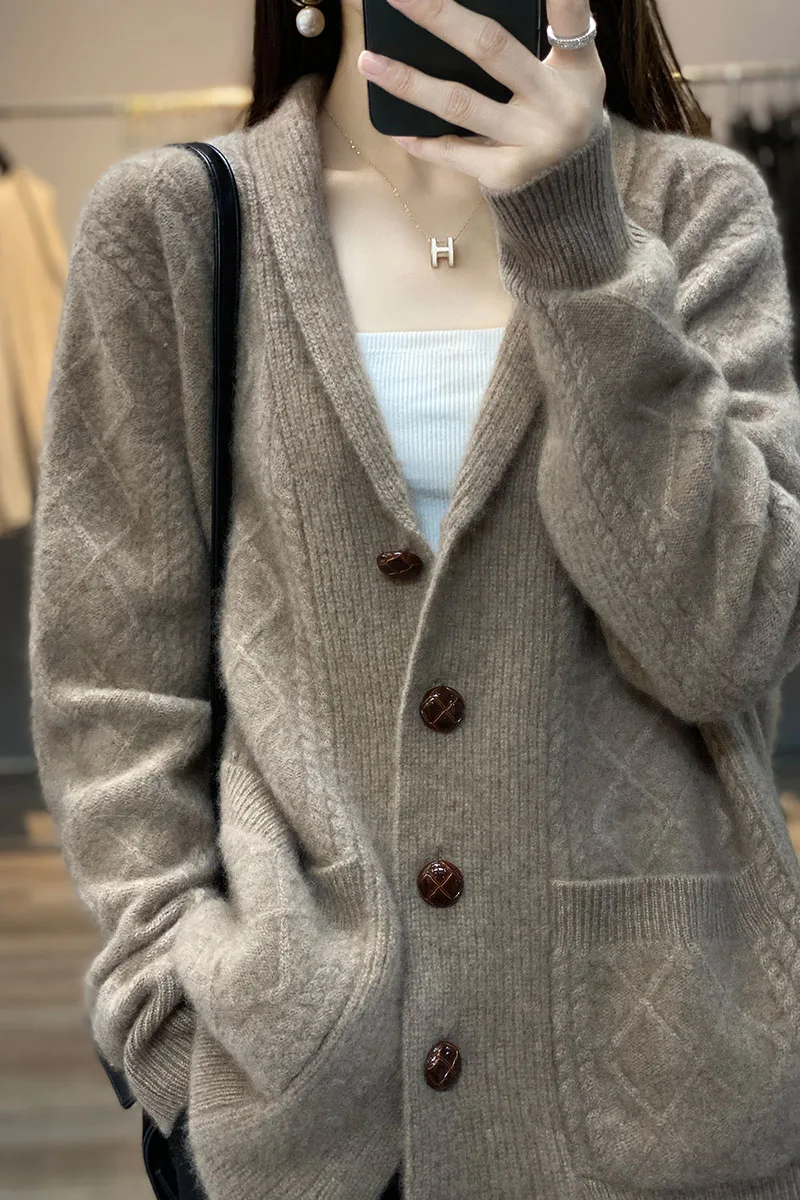 

100% Merino Wool Sweater Cardigan Traf Official 2023 Autumn And Winter New Women's Thickened Button Flower Lapel Top Coat