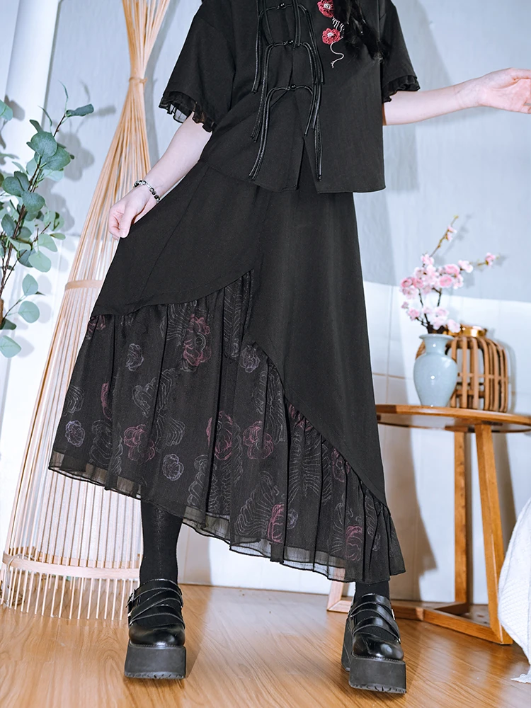 Темно-черный китайский костюм с кисточками женская шифоновая рубашка вышивкой в