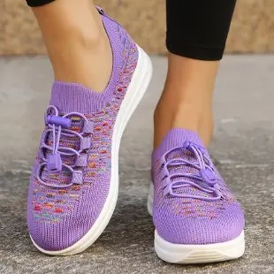 

Весенняя спортивная обувь для женщин, новинка 2023, разноцветные вязаные тканевые женские дышащие кроссовки с эластичным ремешком, прогулочные беговые повседневные туфли на плоской подошве