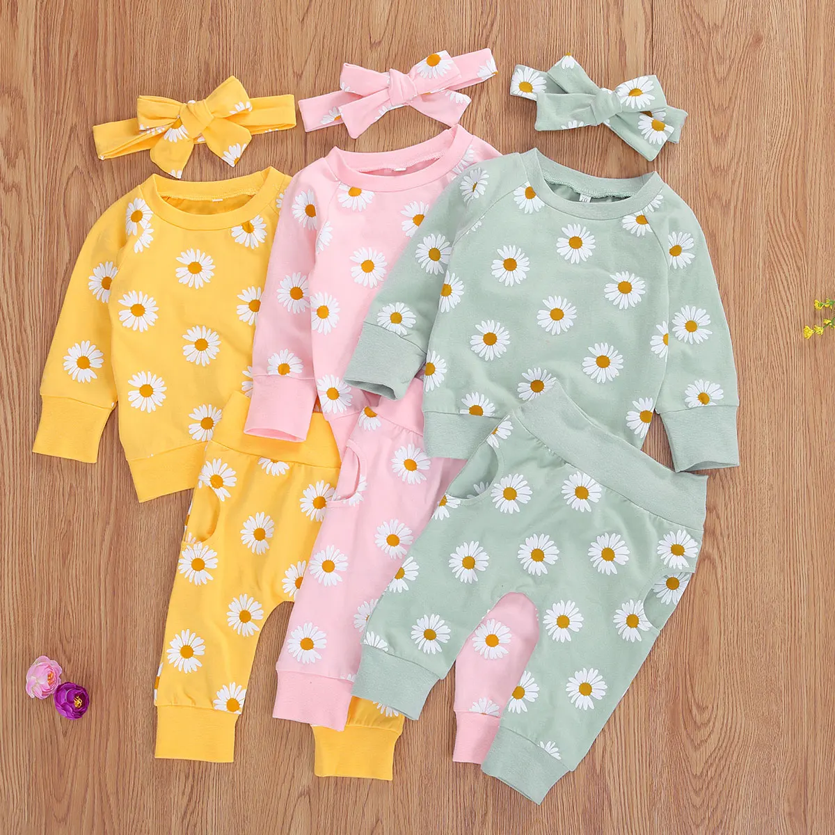 

0-18M Baby Girls Long Sleeve Pocket Outfits Girl Flower Print T Shirts +Newborn Pants+Infant Headband Spring Autumn 3Pcs Set