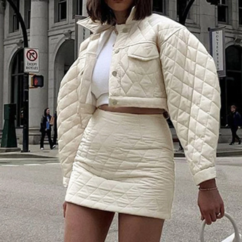Breasted lapel long-sleeved quilted jacket top female diamond lattice casual solid  skirt  winter jacket women  Thick