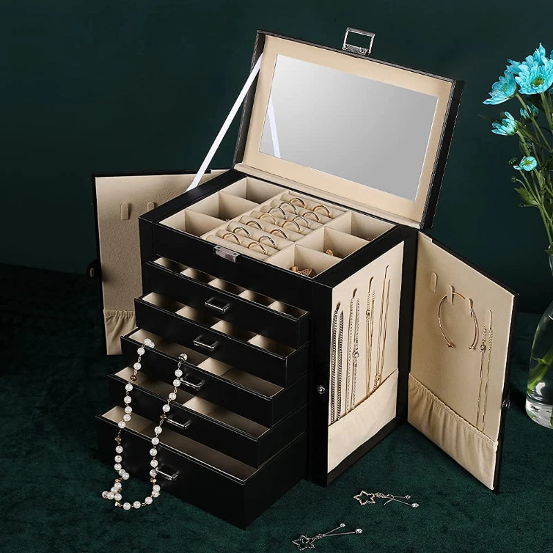 6 Layer Jewelry Storage Box Luxury PU Large Necklace Holder Bracelet Cabinet Earring Tray Ring Display Box with Lock Mirror