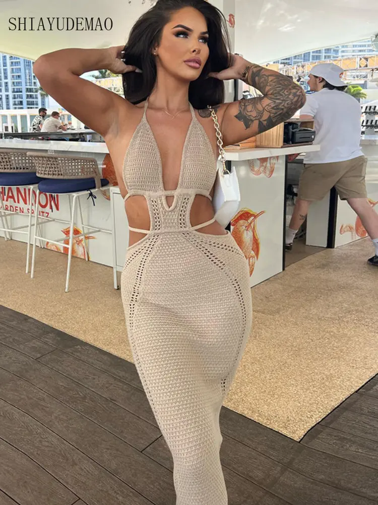 

Шикарные элегантные бандажные длинные платья без рукавов для женщин, привлекательное ажурное вечернее платье с открытой спиной для торжественных случаев, летнее цельное платье