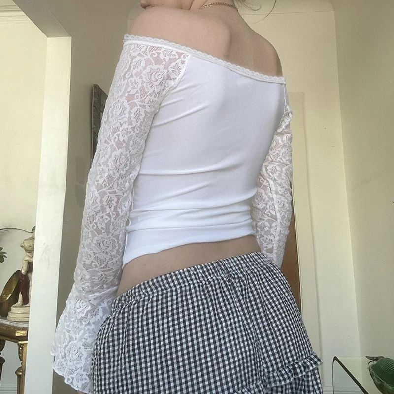 CIBBAR Белый Однотонный Кружевной Топ С Вышивкой Y2K Женский Повседневный Модный