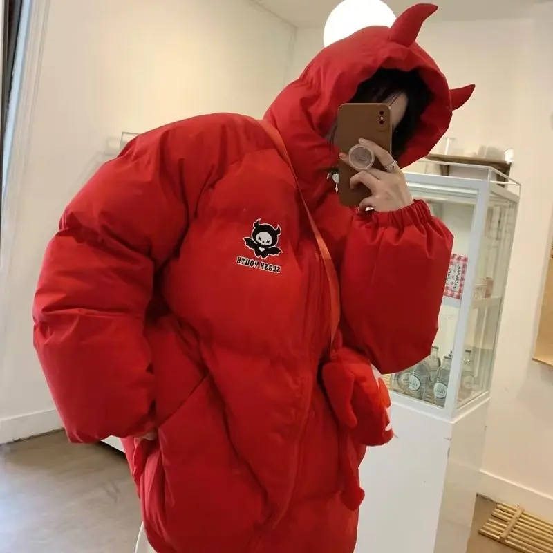 Зимние Утепленные парки для мужчин и женщин пуховик с дьявольским рогом хвостом