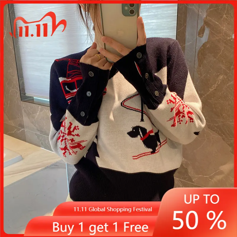 

High Quality Spot Contrast Ski Puppy Warm Joker Sweater Female Tb Wool Round Neck Color Matching Skin-friendly Knit Top Female