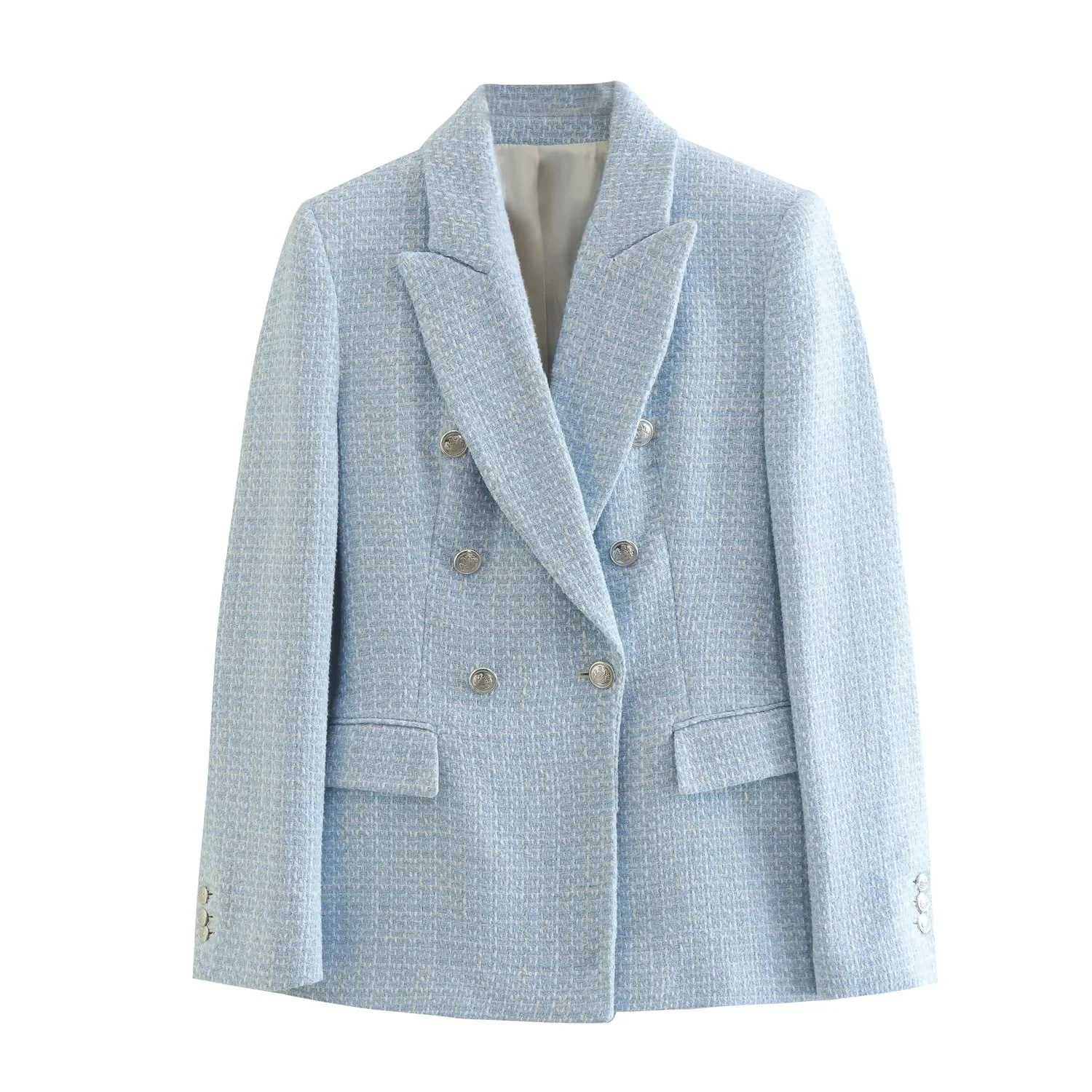 Maxdutti Enlgand Style Sky Blue Jacket Woolen Texture Fahsion Double Breasted Casual Blazers Women
