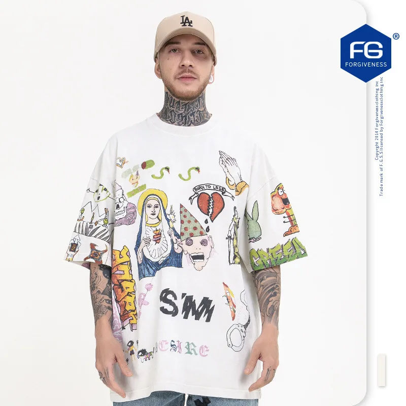 

2023 Spring Summer Fashion Men Summer New Fashion Neck Worn Short Sleeved T-shir Hip Hop Hand-painted Graffiti High Street