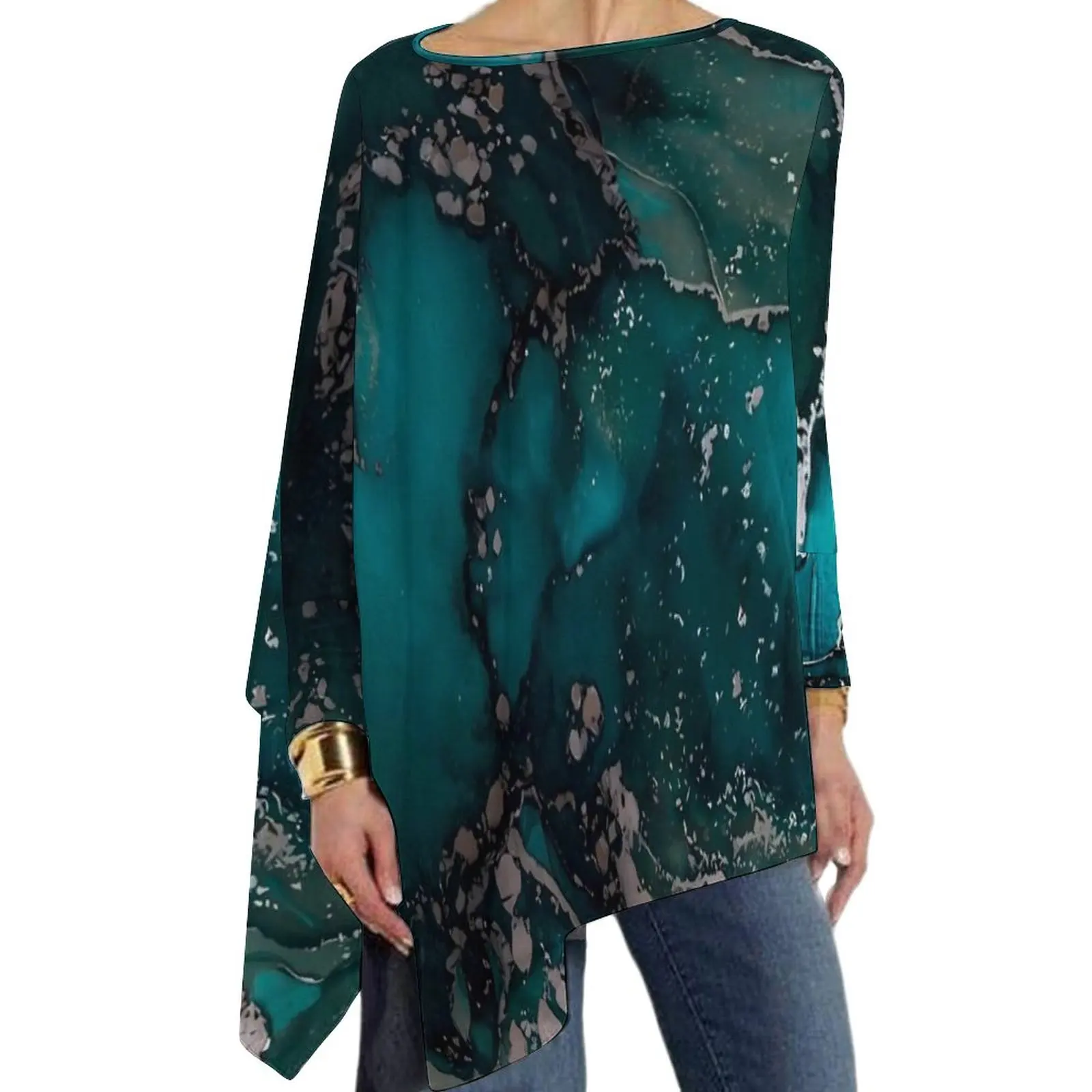 

Abstract Moss Print T-Shirts Marble Print Trendy T-Shirt Womens Long Sleeve O Neck Street Style Tops Oversized Printed Top Tees