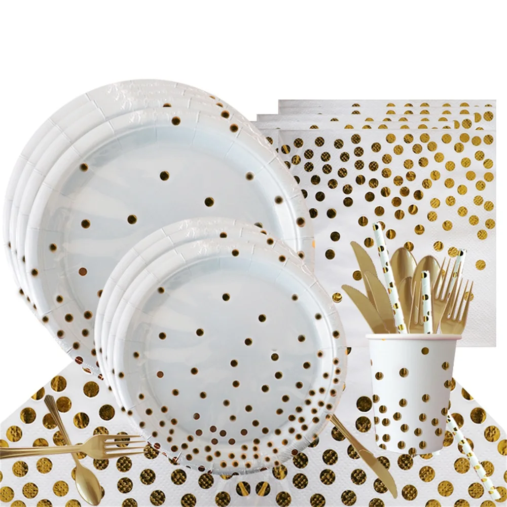 

White Gold Wedding Party Supplies Disposable Dinnerware White Paper Plates Cups Gold for Baby Birthday Fathers Day collection