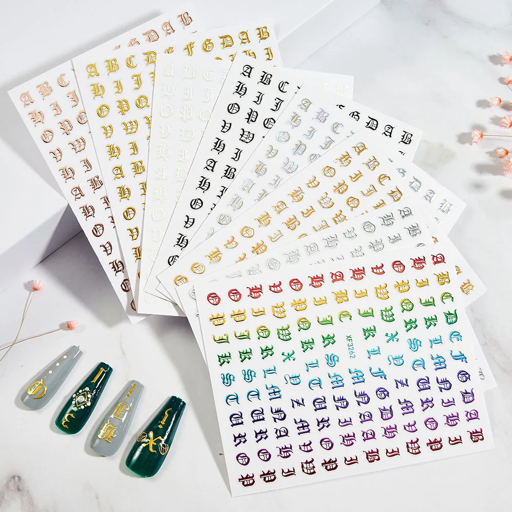 

8/12pcs/kit Alphabets Nails Sticker 8*10cm Colorful Number Adhesive Decal 3D English Letter DIY Manicure Sticker NK-15*