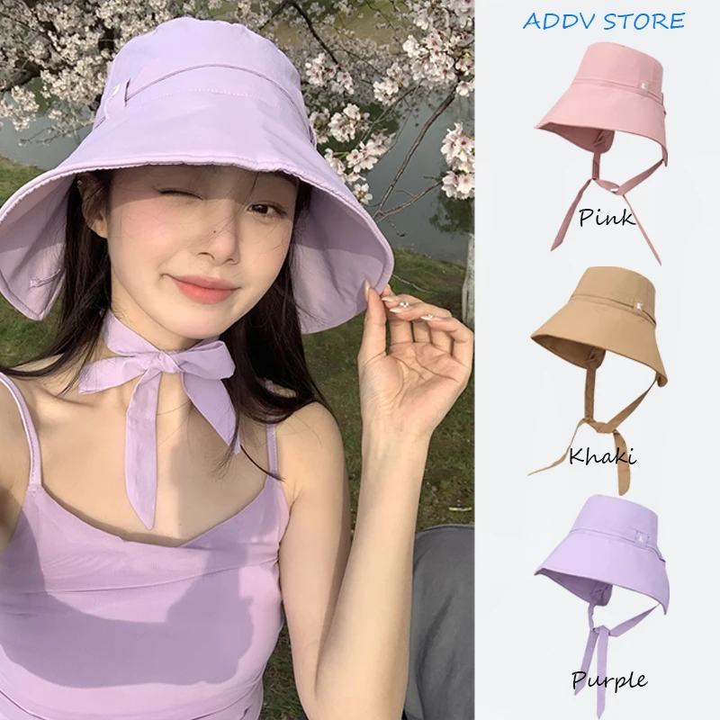 Korea Summer Foldable Wide Brim Sun Bucket Hats for Women Anti-UV Ribbon Quick-drying Outdoor Beach Sunshade Designer Caps Gorro