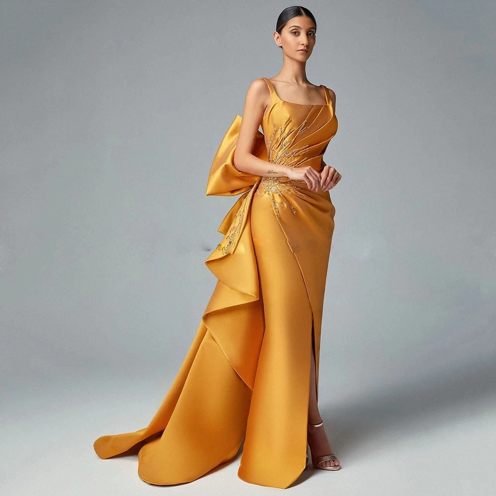 

2023 Square Neck Overskirt Mermaid Evening Dresses Orange Satin Pleats Backless Big Bow Celebrity Gown Beading Formal Party Gown