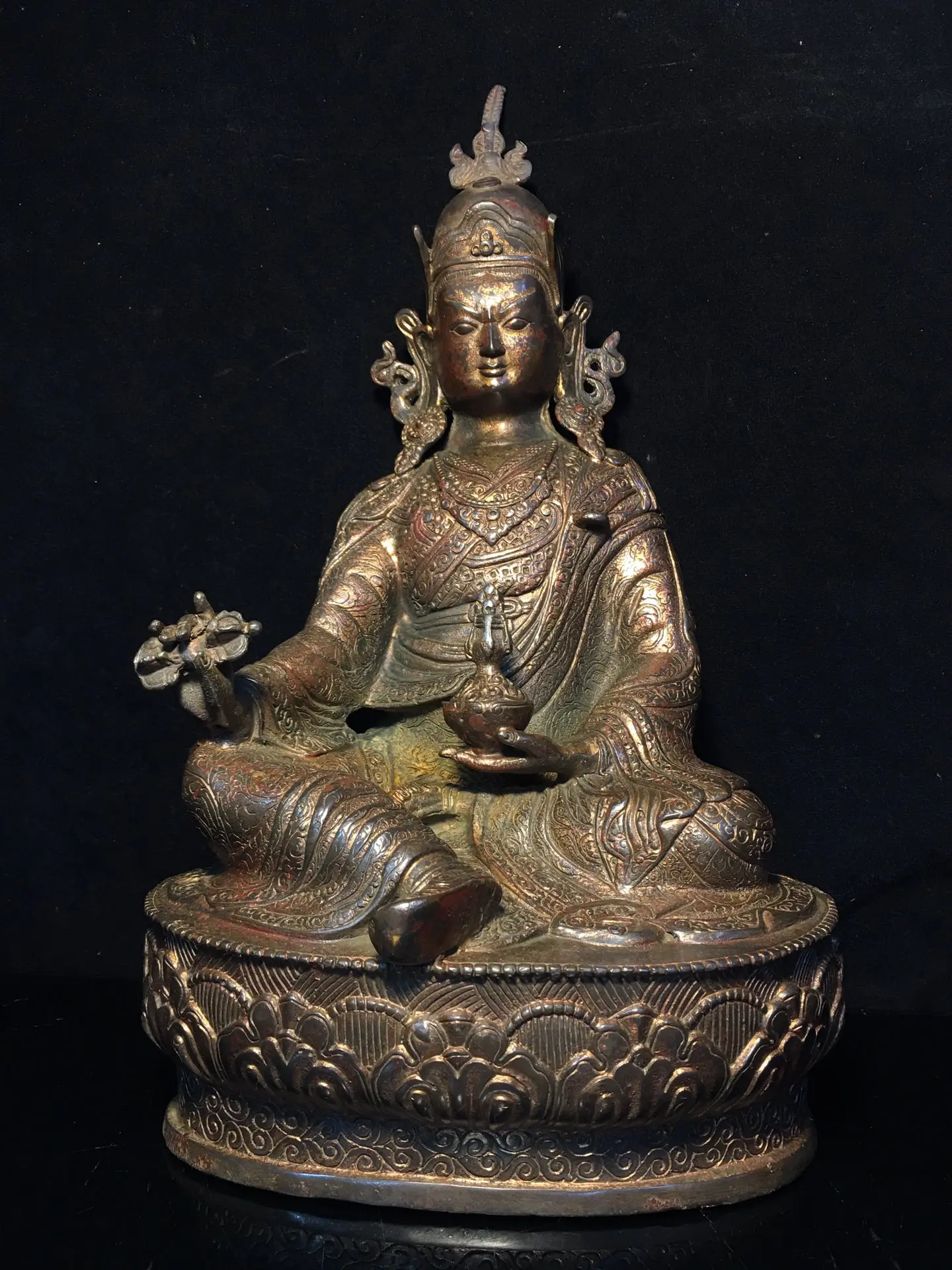 

13"Tibetan Temple Collection Old Bronze Cinnabar Mud gold Padmasambhava lotus platform worship buddha Town house Exorcism