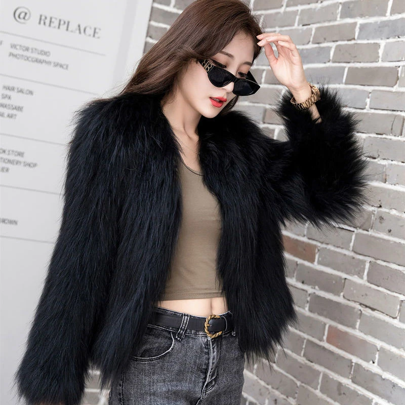 Faux Fox Fur Knitted Fur Coat Women's Winter Warm Plush Jacket Faux Mink Fluffy Long Sleeves Parkas Fashion Faux Fur Teddy Coat