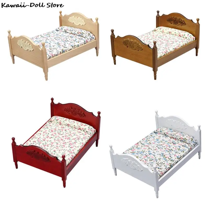 

Миниатюрный Кукольный домик в стиле ретро 1:12, белая игрушечная кровать в пасторальном стиле, Цветочная односпальная мебель для кукольного дома, аксессуары для декора спальни