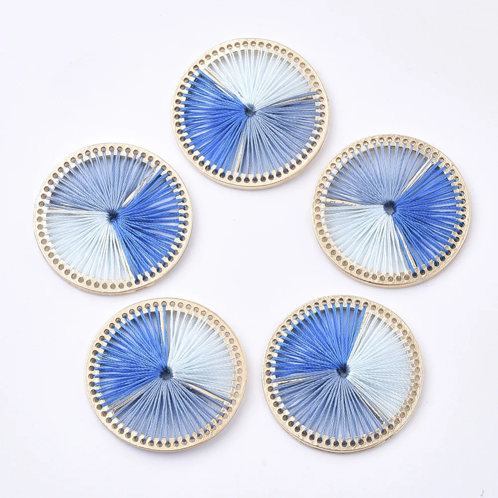 

2pc Tri-color Polyester Thread Woven Pendants with Golden Plated Alloy Findings Flat Round Cornflower Blue 34x2.5mm Hole: 0.8mm